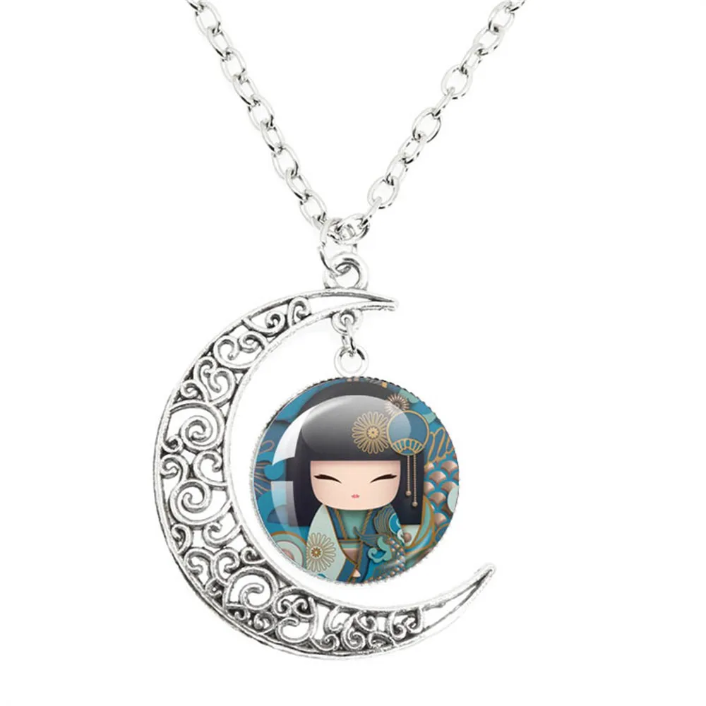 Japanese Kokeshi Doll Kimono Lovely Girl Face Moon Necklace Glass Cabochon Pendant Cute Girl Necklace Charm Jewelry Gifts