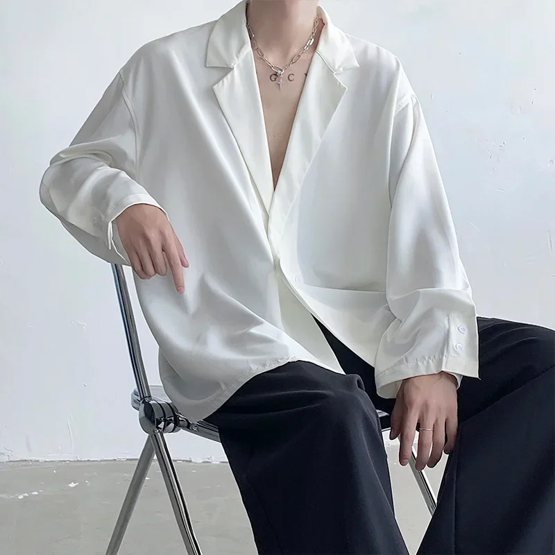 

Black White Long Sleeved Shirt Men Oversized Social Mens Dress Shirt Korean Loose Ice Silk Shirt Mens Office Formal Shirts M-XL