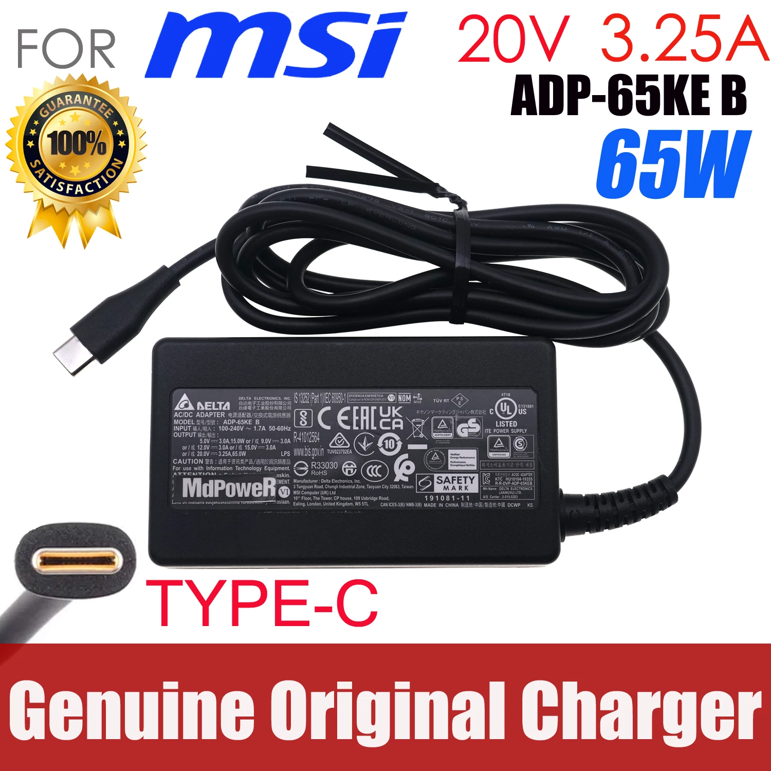 

Genuine Delta AC Adapter ADP-65KE B Type-C 65W 20V 3.25A Charger For MSI Summit E13 Flip Evo A11MT-253US 13.4" 2-in-1 Laptop
