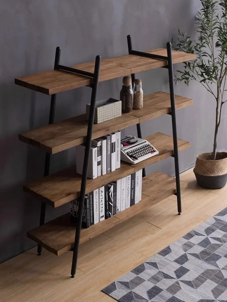 Wooden bookshelf, iron art storage rack, floor to floor, wall to wall, simple solid wood living room, multi-layer flat board