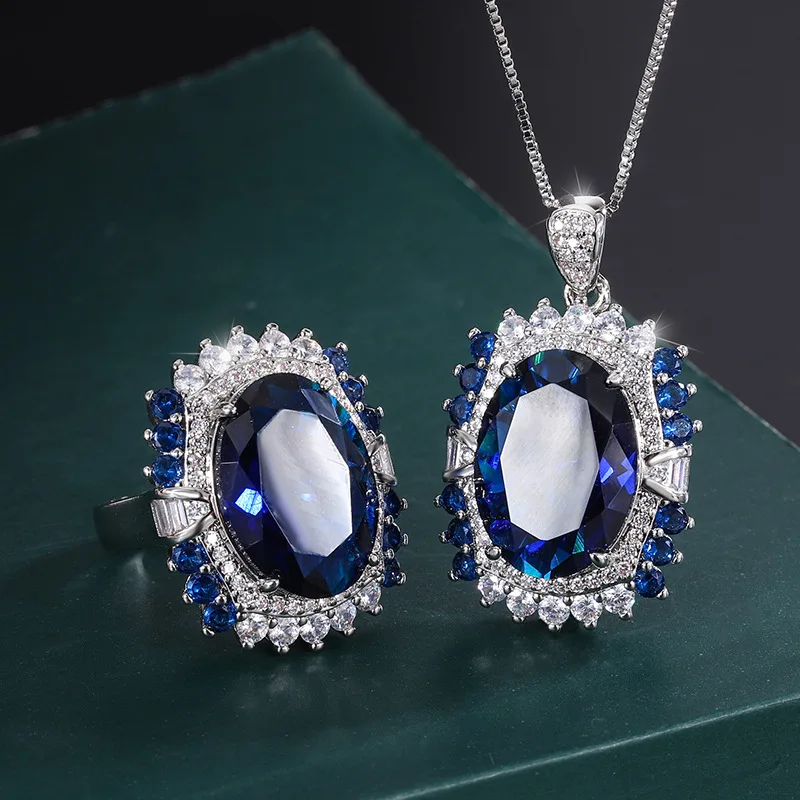 

New European and American retro-style sapphire oval pendant ring set for women