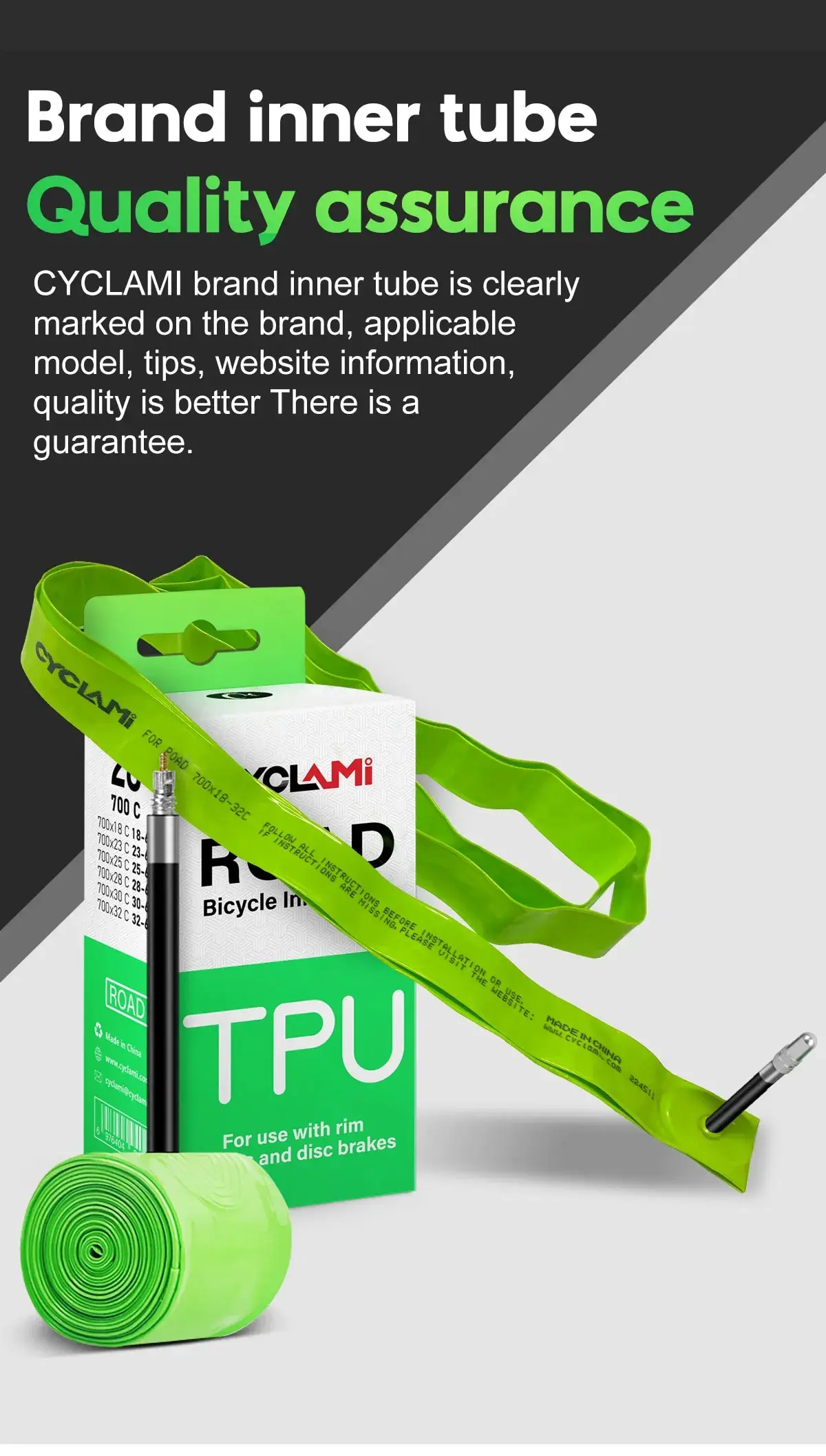 CYCLAMI Ultraleichter 30g Fahrradschlauch aus TPU-Material 700C 18-32 Rennradreifen 45mm 65mm 85mm Länge Französisches Ventil – Detail 10