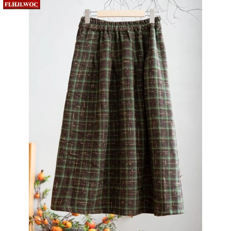 Art Mori Girls Woolen Skirts New 2025 Autumn Winter Basics Woman Cute Sweet Japanese Preppy Style Retro Vintage Long Plaid Skirt