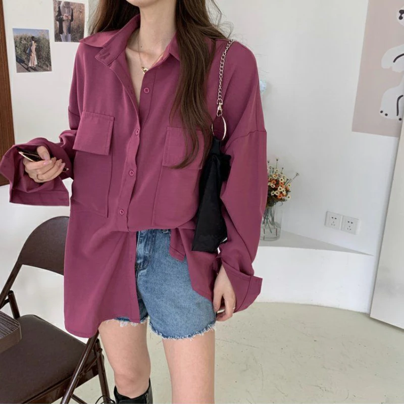 DAYIFUN-Spring Autumn Shirts Women's,Solid Lapel Pocket Design Blouses,Lady New Long Sleeve,Loose,Large Size Blusas,2024 Tops