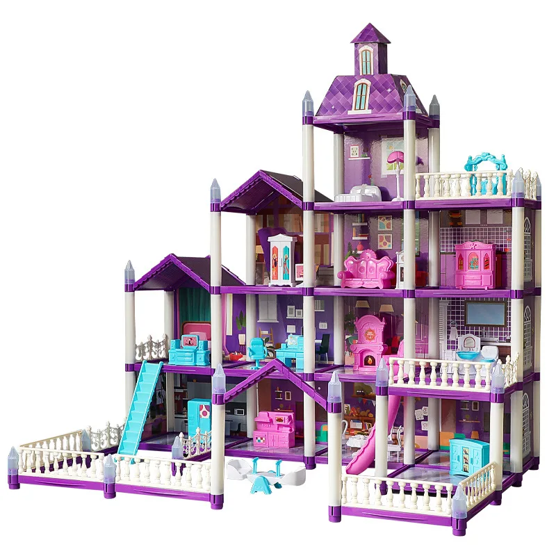 Girls Princess Villa Dollhouse DIY Assembled Multilevel Play House with Furniture Slide Swimming Pool Toy