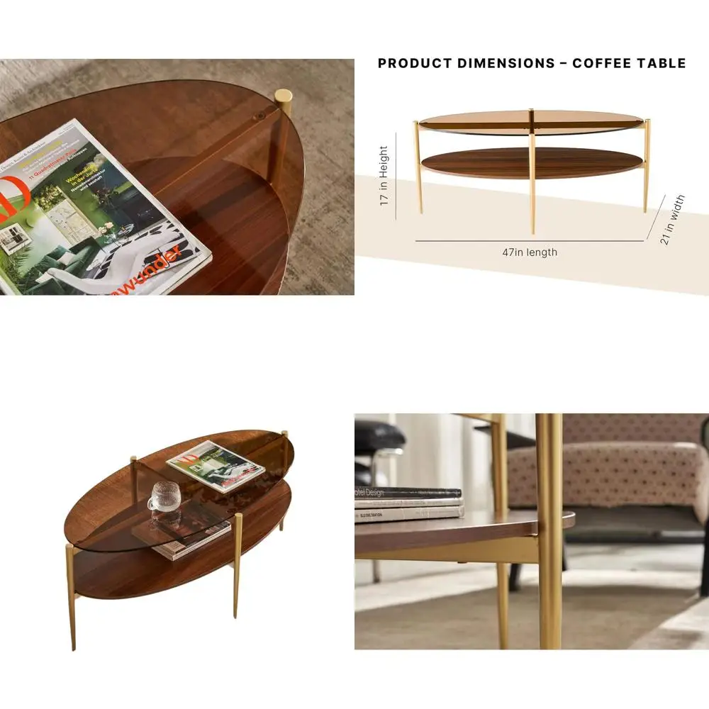 

Овальный кофейный столик в стиле середины века с 2-ярусной столешницей из янтарного стекла и полками из орехового дерева, диаметр 47 дюймов, ширина 21 дюйм, высота 17 дюймов, с золотистой отделкой.