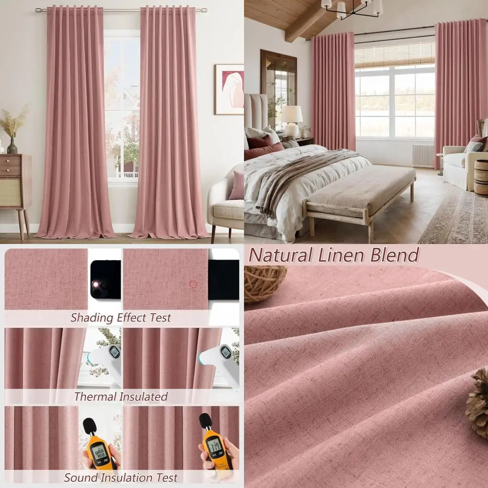 

Комплект льняных штор Blackout, длина 120 см, 2 панели, цвет пепельно-розовый, с термоизоляцией, затемняющие, для гостиной и спальни