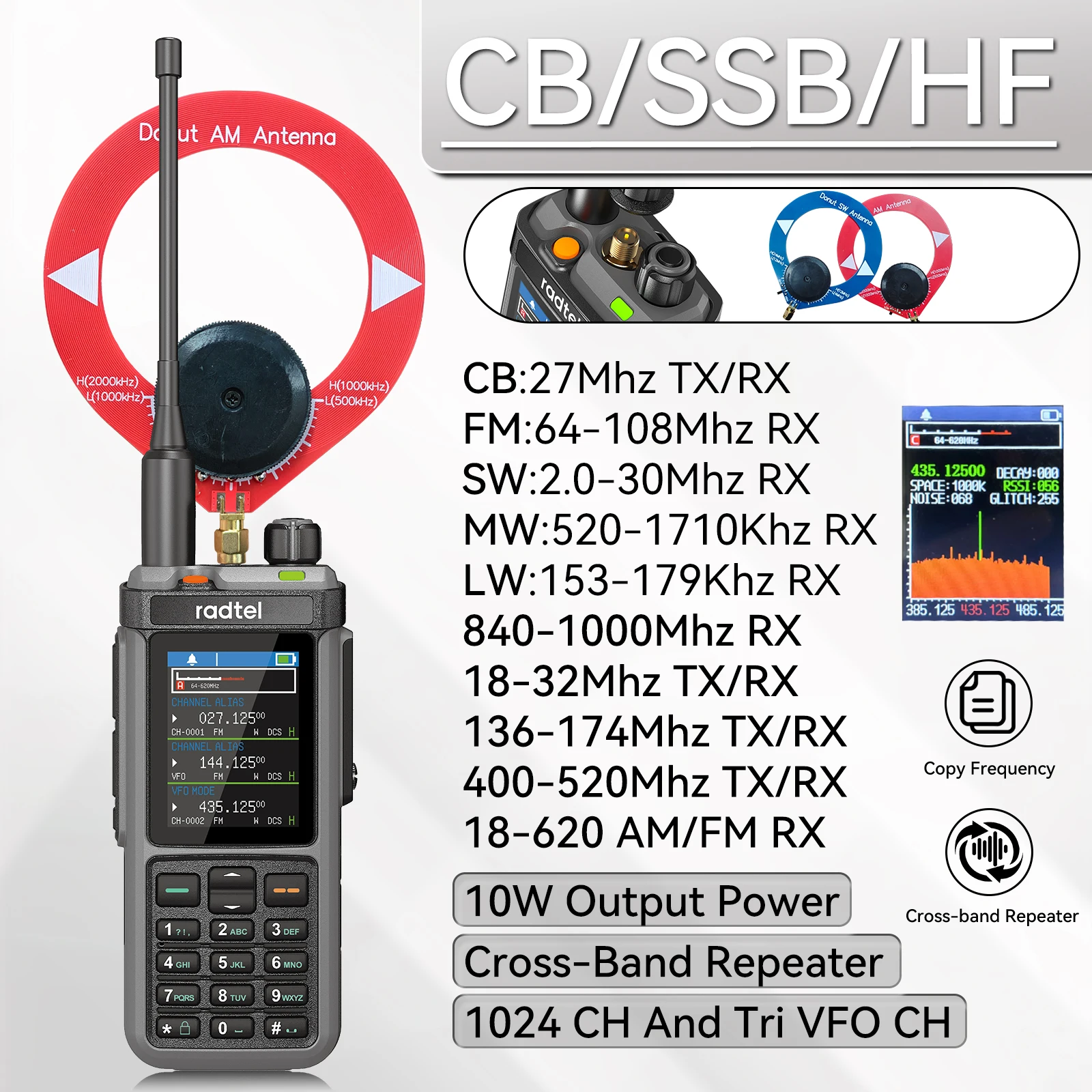 Radtel RT-880G GPS APRS Talkie-Walkie 10W – 1024 Canaux, écran Couleur 2,4", Récepteur HF/SSB, Répéteur Interbande, Programmation Incluse