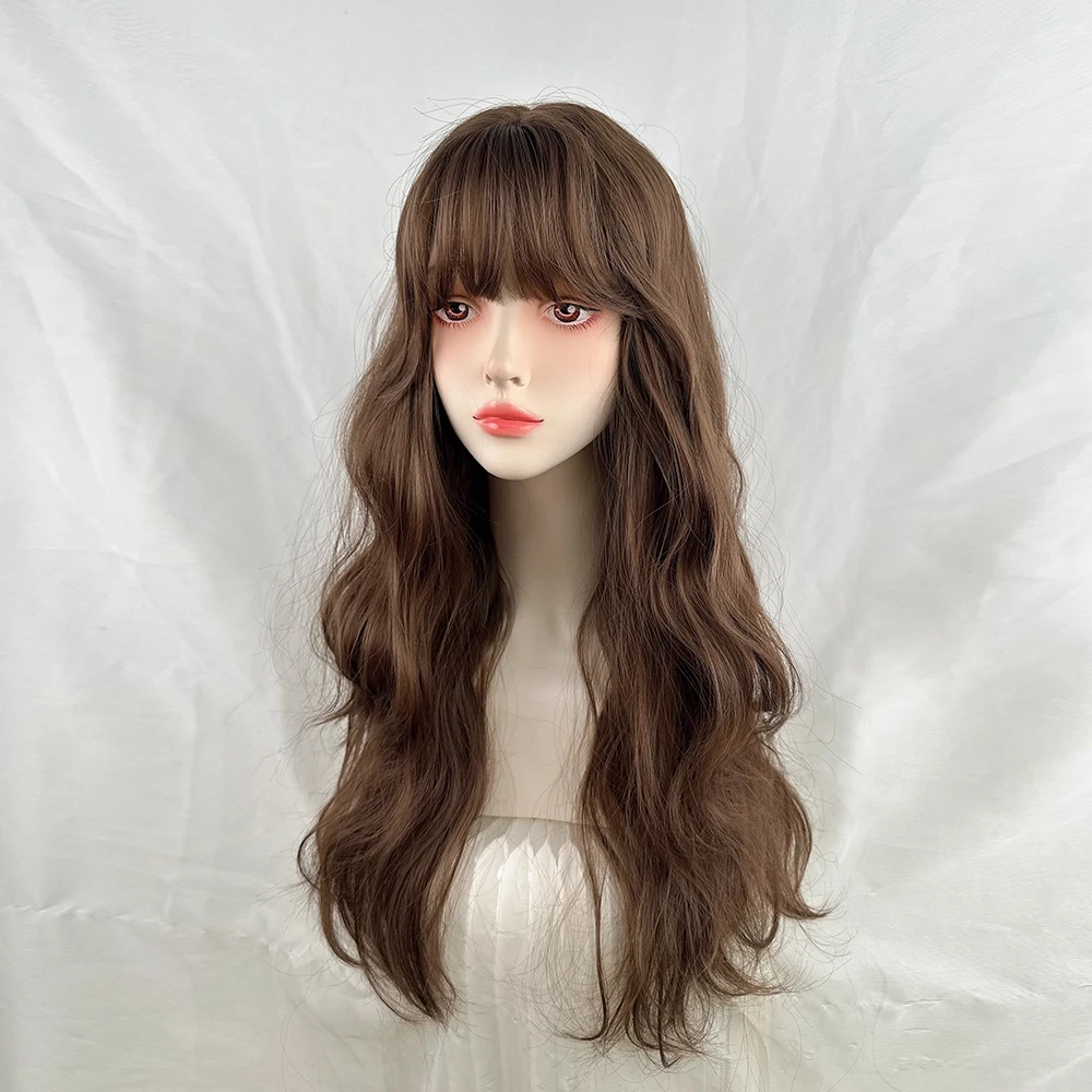 Коричневые синтетические длинные волнистые парики с челкой Лолита Косплей Пушистый женский термостойкий парик для повседневной вечеринки