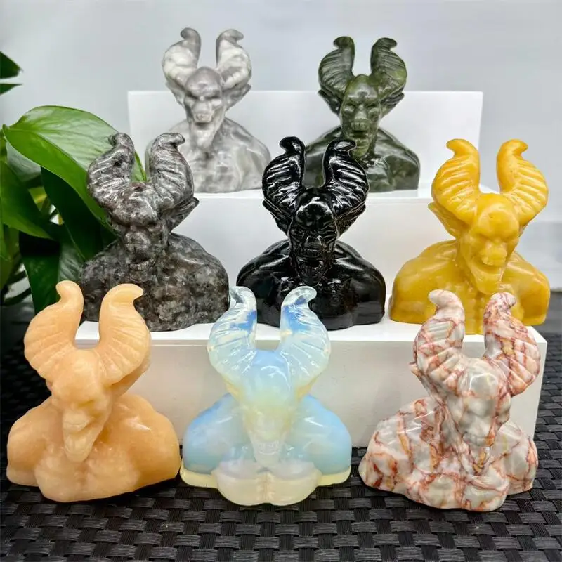8CM Natural Crystal Quartz Jade Hell Demon Carving Figurine Ornament Healing Reiki Craft Home Decor Stone Holiday Gift 1PCS