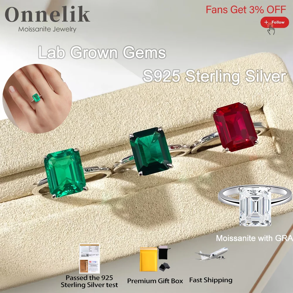 

Onnelik 4ct/8*10mm Real Lab Grown Emerald/Ruby/Moissanite Diamond Rings 100% 925 Sterling Silver for Women Wedding Fine Jewelry