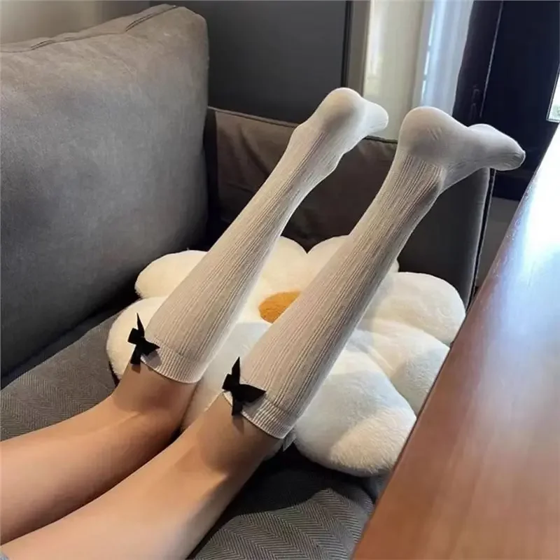 Elegant Long Tube Balletcore Bow Long Socks Knee High Stocking Golf Socks Ribbon Hosiery Solid Color Lolita Club