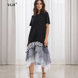 VGH Irregular Hem Casual Dresses For Women Round Neck Short Sleeve Patchwork Sheer Mesh Loose Midi Dress Female Summer Fashion