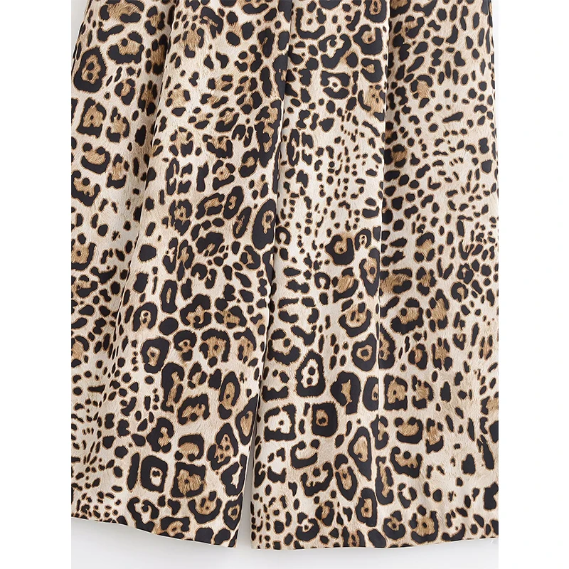 YENKYE خمر مع حزام عالية الخصر بنطال ذو قصة أرجل واسعة ليوبارد طباعة الساتان عادية المرأة بنطلونات الصيف فضفاضة