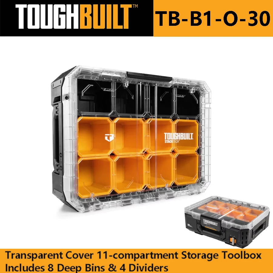 

TOUGHBUILT TB-B1-O-30 Large Plastic Toolbox Transparent Cover 11-compartment Storage Toolbox Includes 8 Deep Bins & 4 Dividers