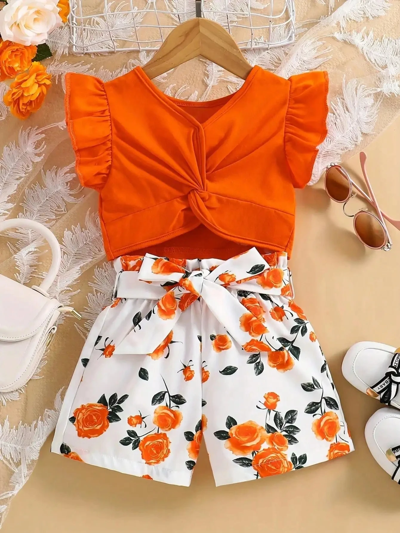 Ensemble de vêtements pour enfants, sans manches, avec volants, nœud décoratif, couleur unie, imprimé floral, short, pour les loisirs et les voyages
