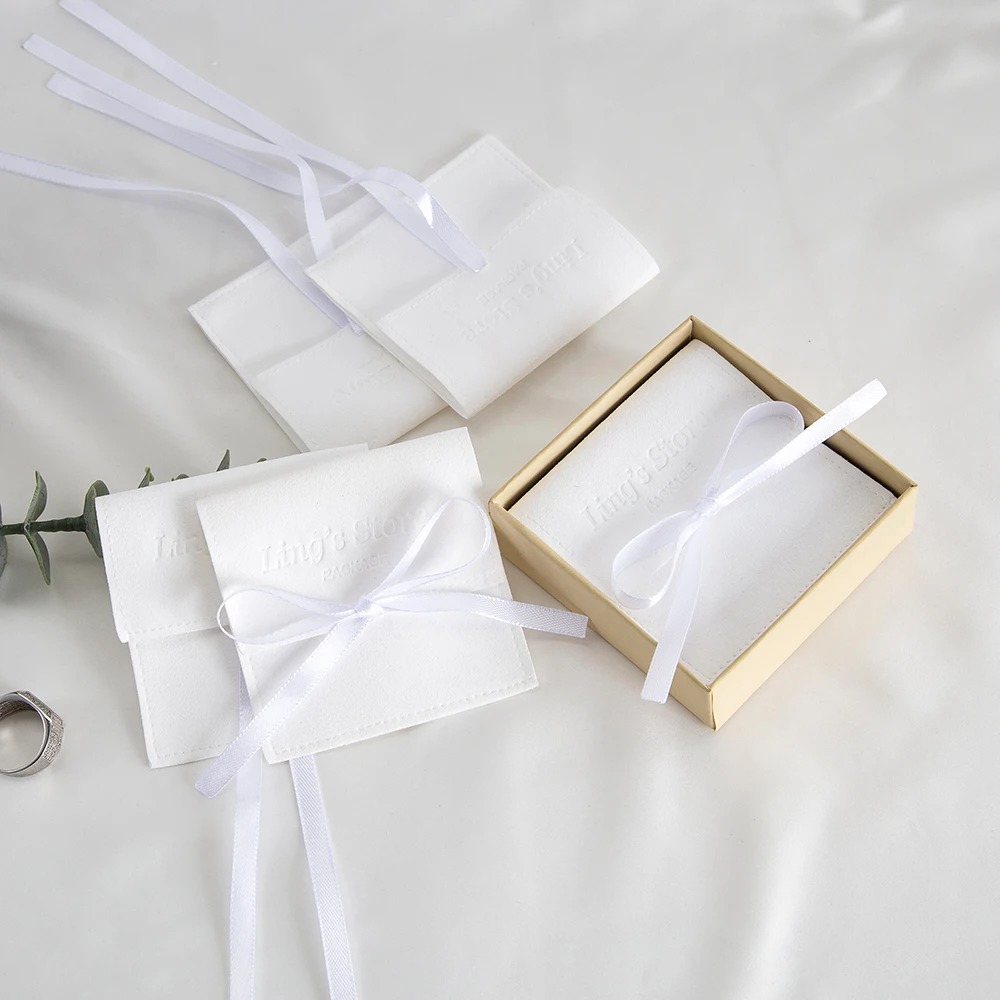 100Pcs White Personalized Logo Jewelry Microfiber Half Cover Ribbon Bag Wedding Favors Gift Packaging Flannel Suede Velvet Pouch