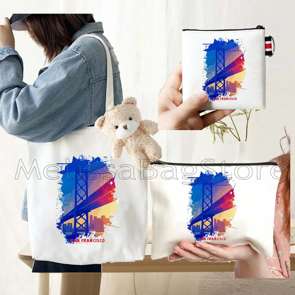 

4PCS Gifts Set San Francisco White Canvas Tote Bag Handbag with Doll Key Coin Purse Cosmetic Makeup Toilet Bag Case Pouch