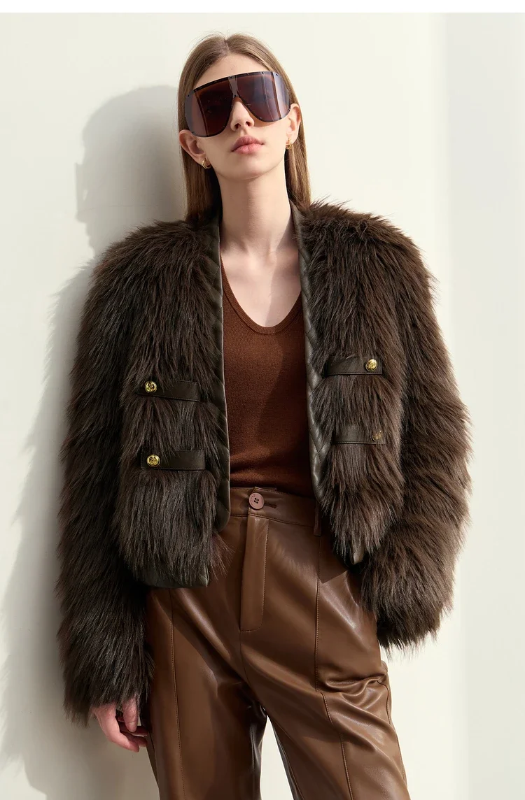 AMII 2026 Winter New Fur Jacket Solid Color Modern Warm Outerwear V-neck Imitation Fur Loose Spliced PU Top Female 12424012