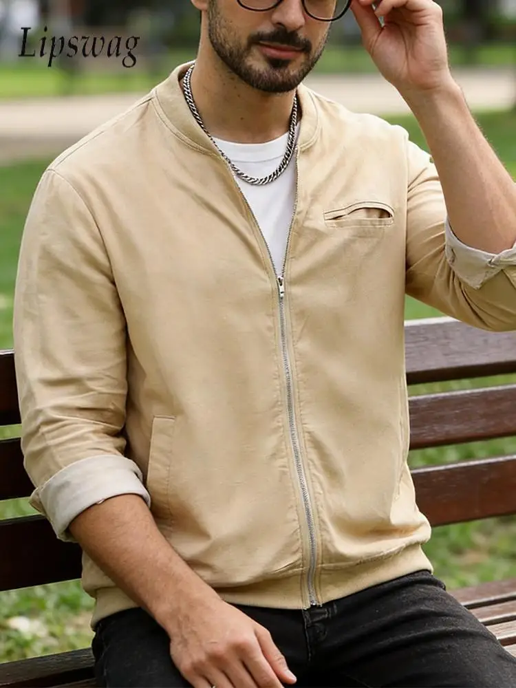 

Casual Mens Solid Color Zip-up Jackets Streetwear Vintage Crew Neck Long Sleeve Jackets Men 2026 Spring Trendy Slim Jacket Coats