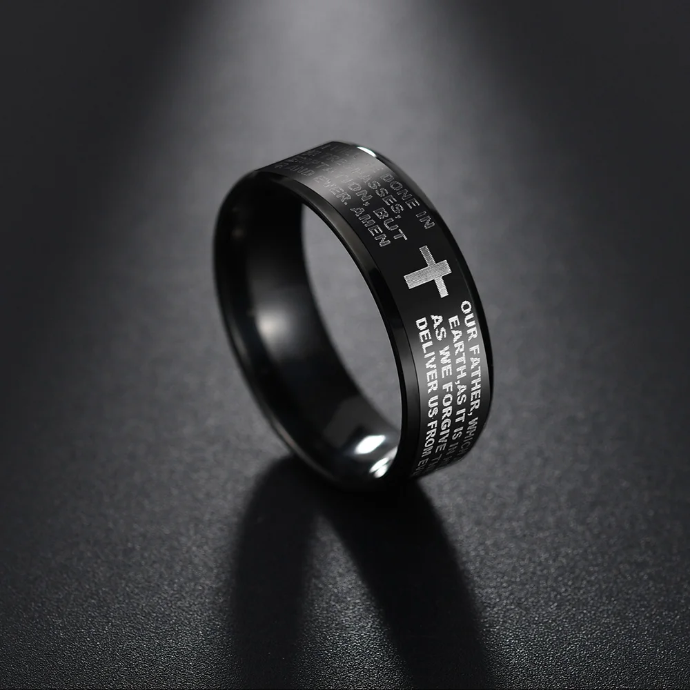 UAGE Stainless Steel Black Color Jesus Cross Ring Letter Bible Prayer Finger Rings For Men 8mm Amulet Jewelry