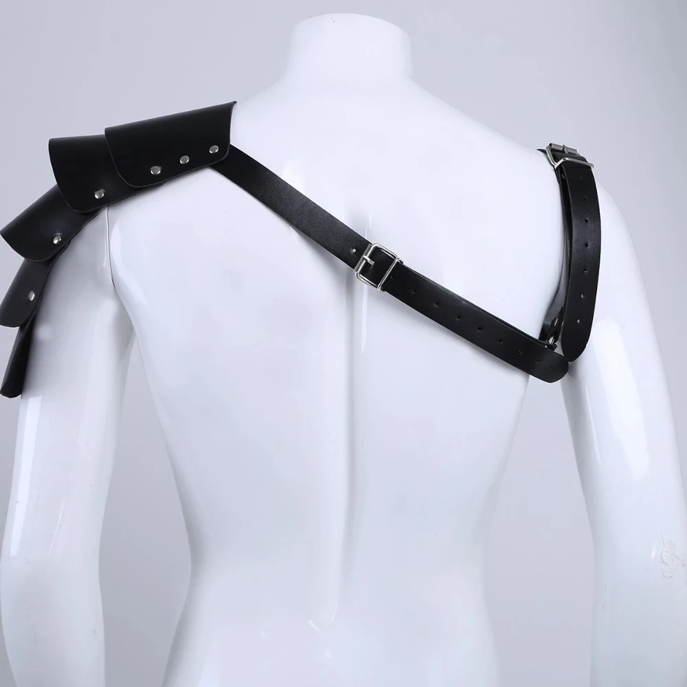 Men Harness One Strap PU Leather Men Bondage Gay Lingerie Adjustable Body Chest Bondage Costume Cosplay with Shoulder Armors