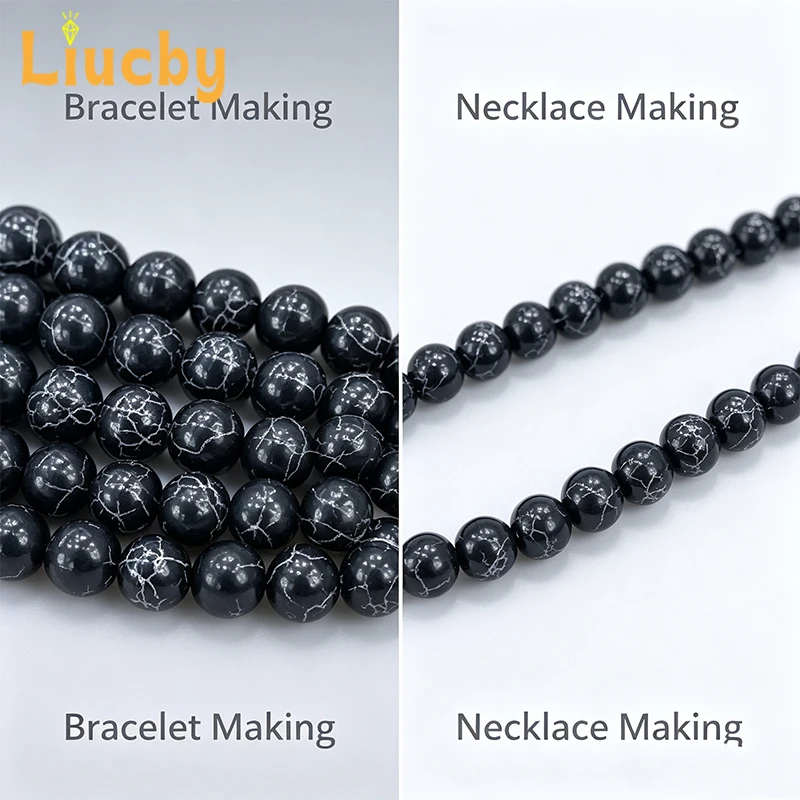 Synthetische schwarze türkisfarbene runde lose Perlen mit silberner Ader, Abstandsperlen in Großpackung für DIY-Schmuckherstellung, Armband, Halskette, Ohrring – Detail 3