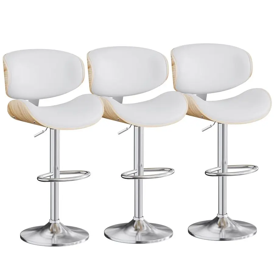 Stools Set of 3, Adjustable Swivel Leather Bar Stools for Kitchen Island, Mid Century Modern Counter Height Bar Chairs Barstool