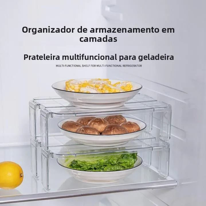 Organizador de Geladeira para Cozinha, Prateleira Divisória para Freezer, Suporte para Pratos de Sobras, Bandeja Interna em C...