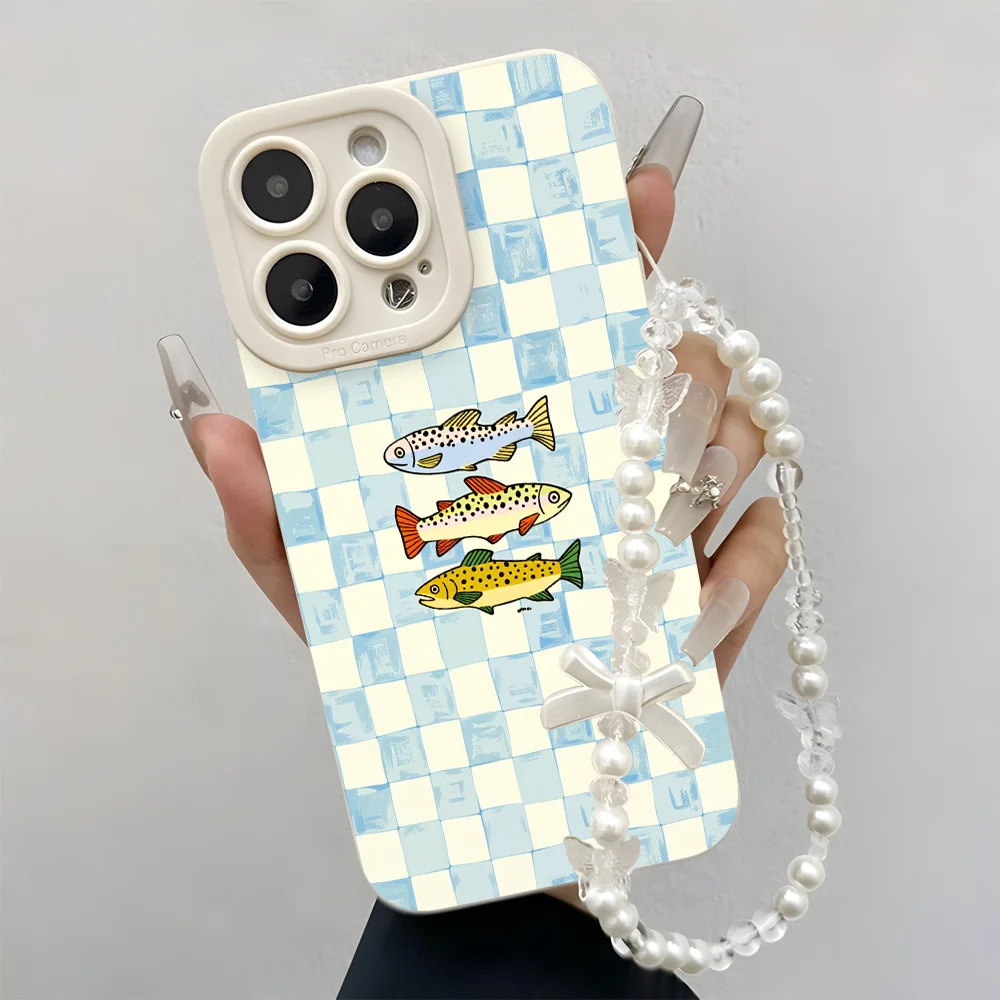 Wrist Strap Plaid Fish Korean Phone Cases For Samsung Galaxy S26 S24 S25 S23 S22 Plus A56 A35 A54 A26 A16 A36 A55 Lanyard Cover