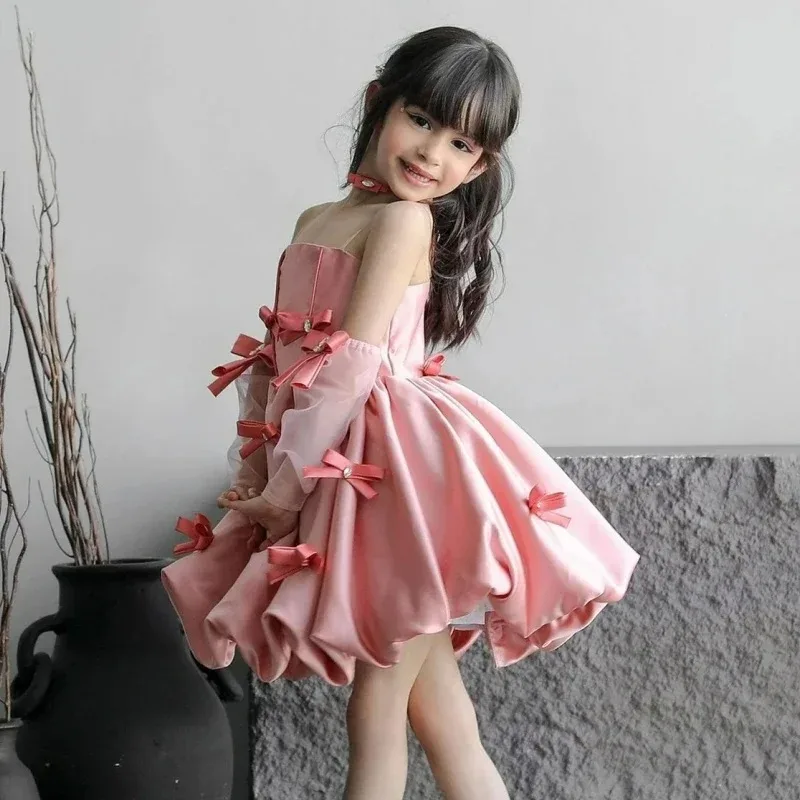 

Lovely Pink Flower Girl Dress Satin With Bow Sleeveless For Wedding Birthday Prom Holy Communion Princess Evening Ball Gowns