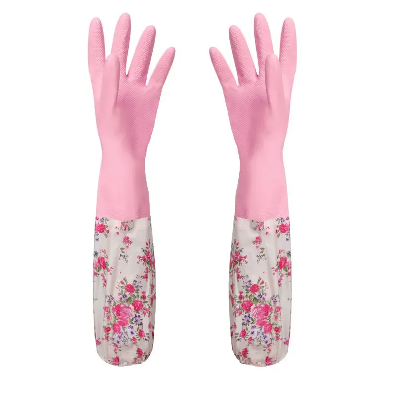 Flower Rubber Velvet Long Gloves Household  Antiskid Washing Cleaning   Dish