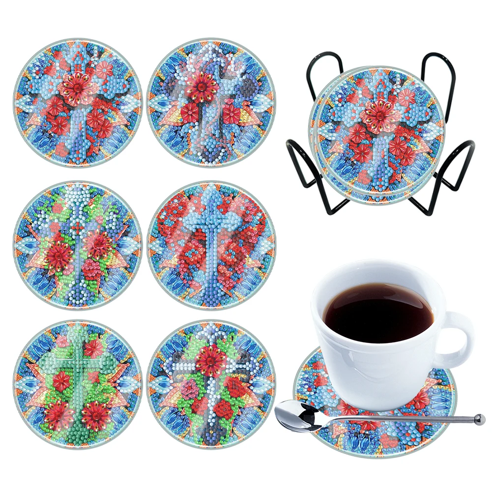 

6 PCS Full Drill Diamond Coaster Special Shape Acrylic Cute Animal Washable with Holder for Coffee Table Bar Mugs Glass Cup Beer
