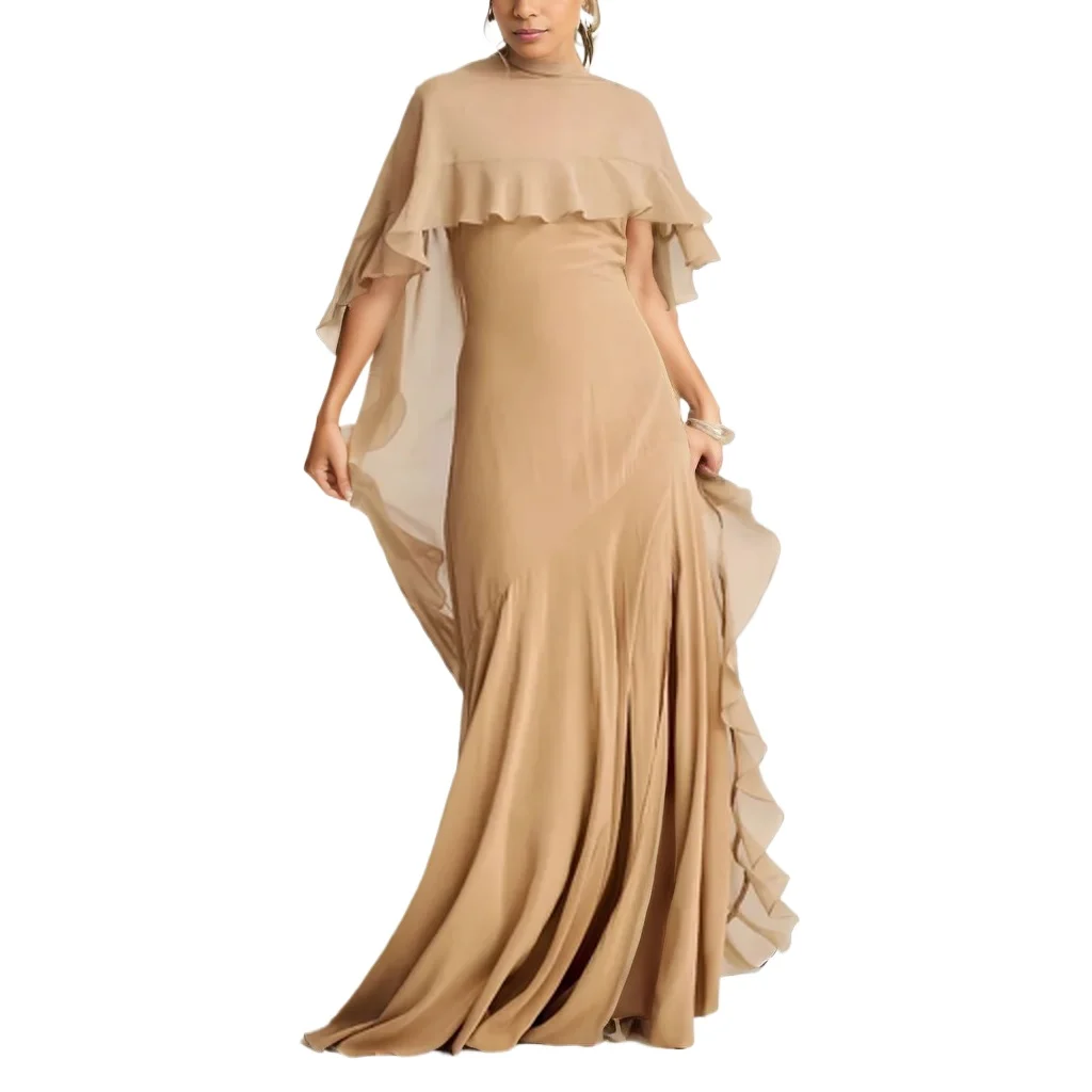 

Ruffle Cloak long V-neck Spaghetti Straps Low Back Long Formal Evening Dress Apricot
