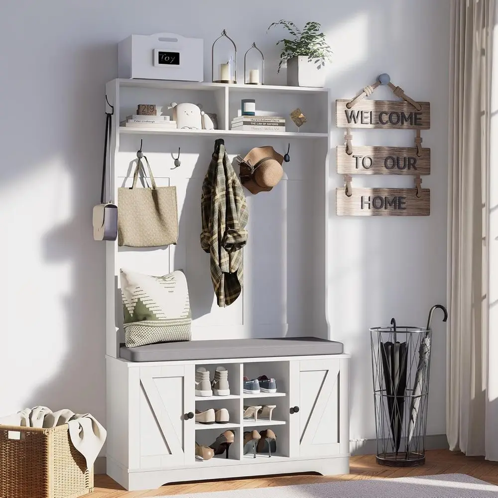 6-Tier Adjustable Entryway Hall Tree with Bench, Shoe Storage, and Coat Rack for Mudroom, Living Room