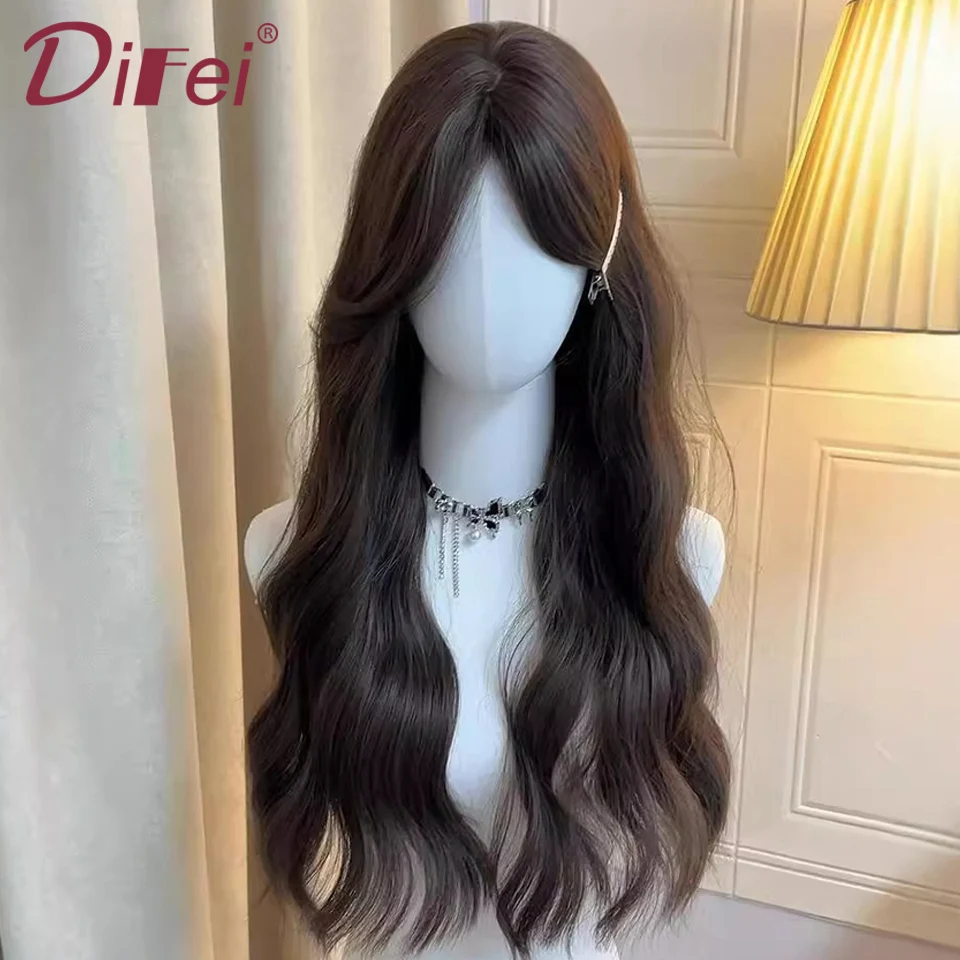 

Brownish Black Wavy Long Hair Synthetic Wig Female Fluffy Smooth Daily Lolita Bangs Wavy Long Curly Wig