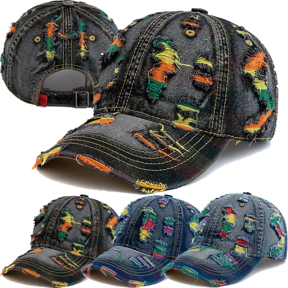 

Fashion Denim Baseball Cap Visor Adjustable Peaked Cap Colorful Lines Sunscreen Hats For Man Women Outdoor Streetwear
