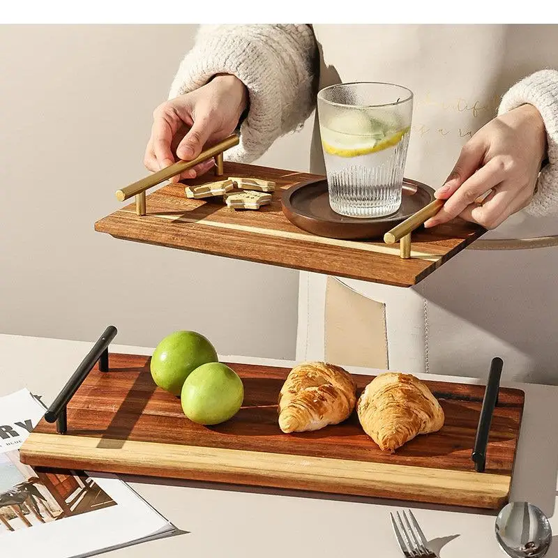 Acacia Wood Storage Tray Rectangular Wooden Metal Handle Dessert Cake Bread Trays Home Supplies