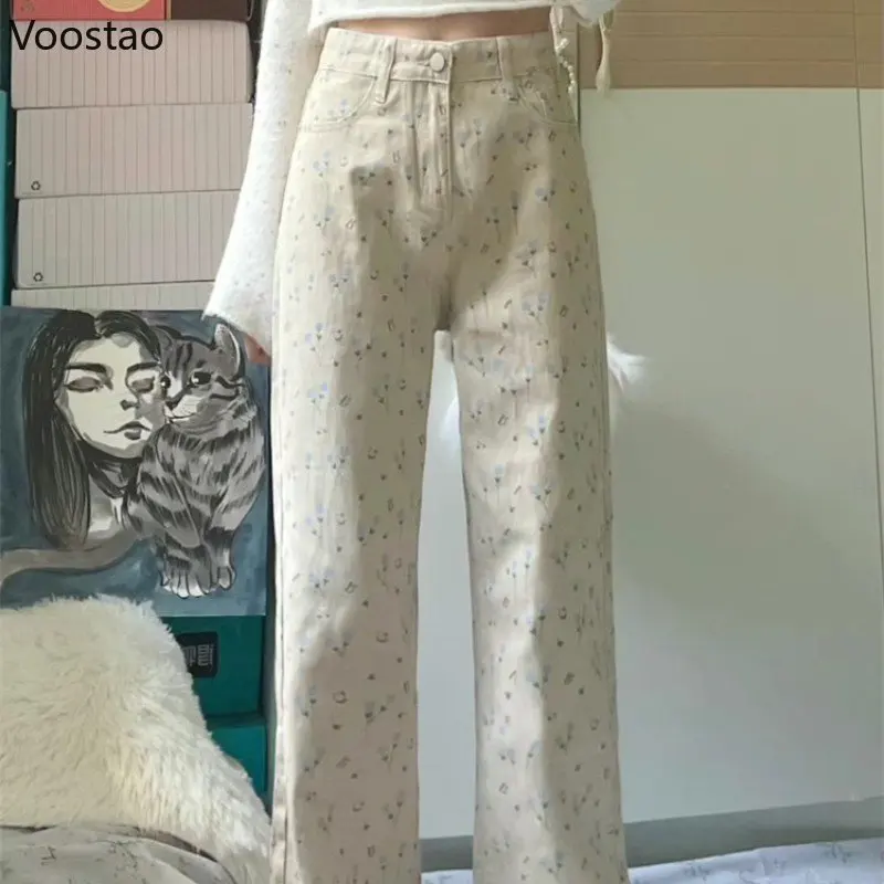 Fashion Elegant Jeans for Women Flower Print High Waist Pantalones De Mujer Casual Loose All Match Pants High Street Trousers