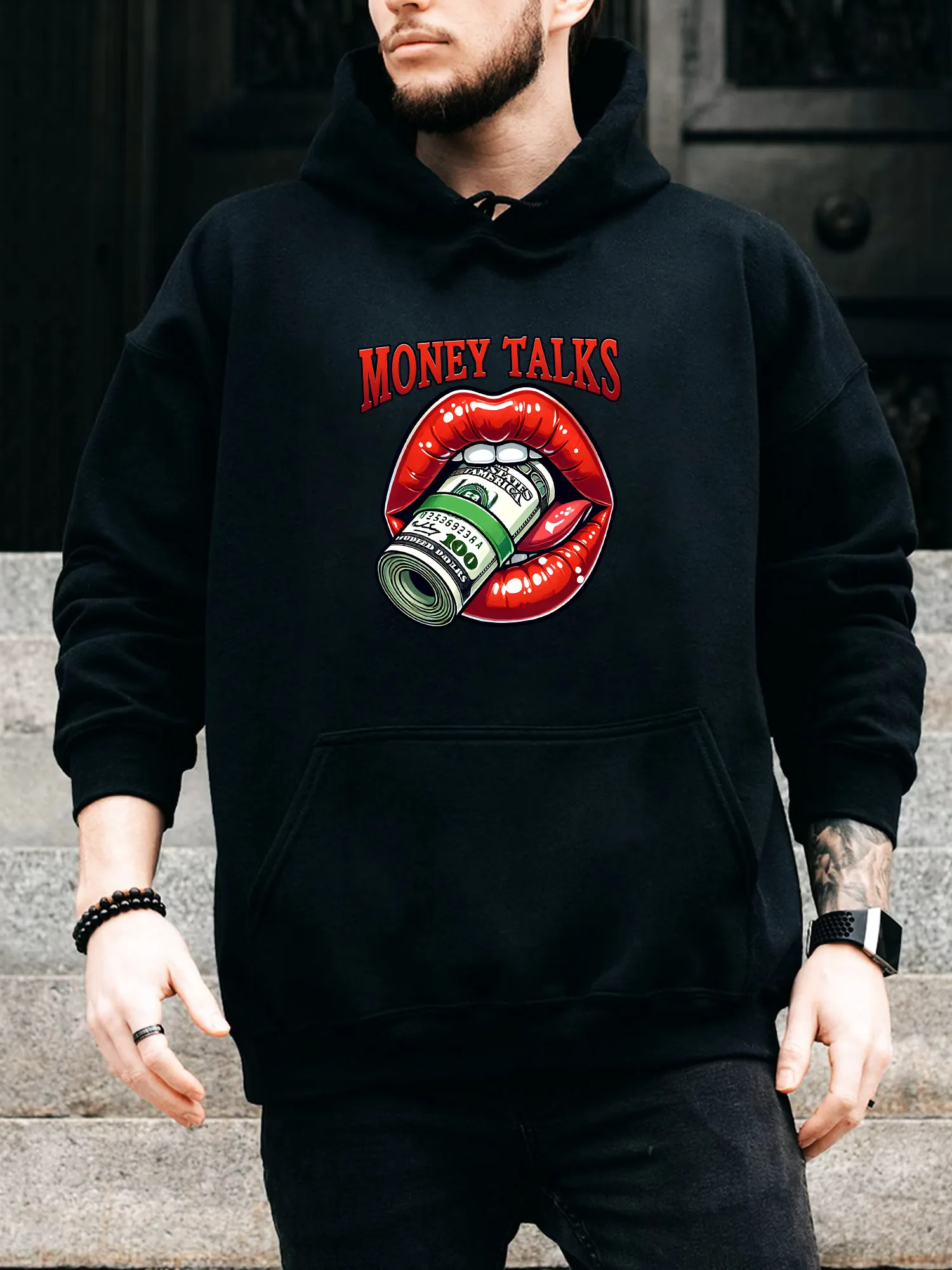 

Мужская толстовка с капюшоном на шнурке Notes in Mouth Money Talks — повседневный удобный черный пуловер, осенне-зимняя толстовка с капюшоном