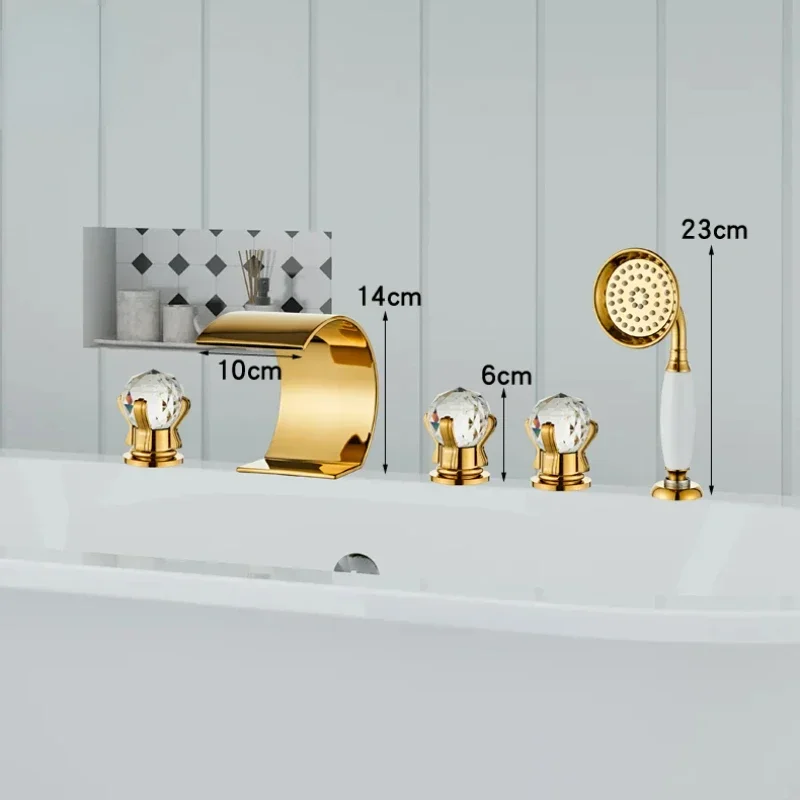 Golden Crystal Bathtub Faucet Deck Mounted 5 Hole Split 5 Pieces Faucet Set with Showerhead Hot and Cold Waterfall Mixer Tap