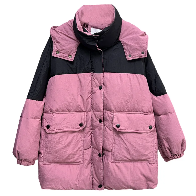 Plus Size Women Down Coat Winter Loose Thicken Block Color Hooded 50% White Duck Down Jacket 2783