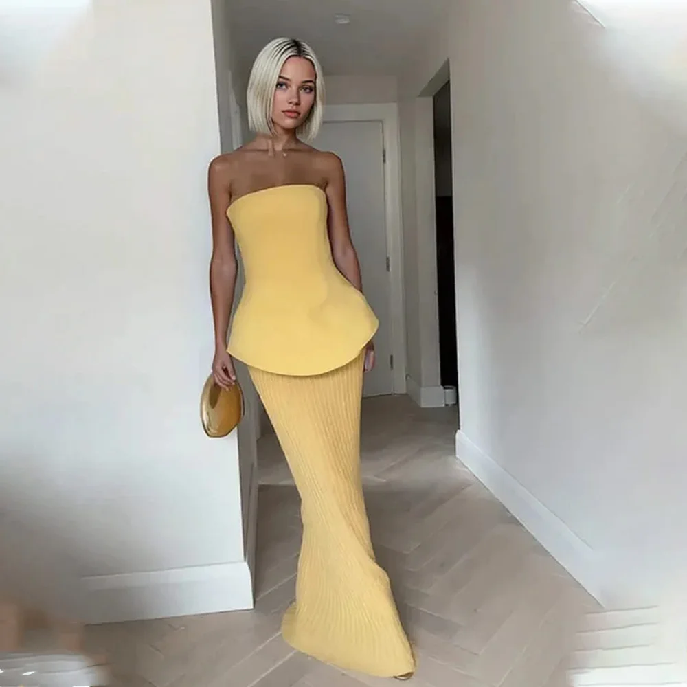 

Fashion Yellow Straplesss Pleat Two Piece Evening Dresses Custom Made Formal Party Grown Prowm Wear