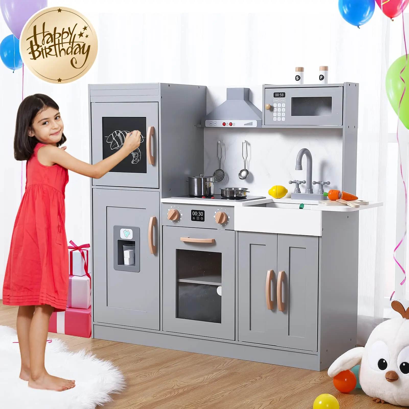 Kids Kitchen Playset, Wooden Chef Pretend Play Set with 20 PCS Cookware Accessories, Wooden Cookware Pretend with Ice Maker,Gray