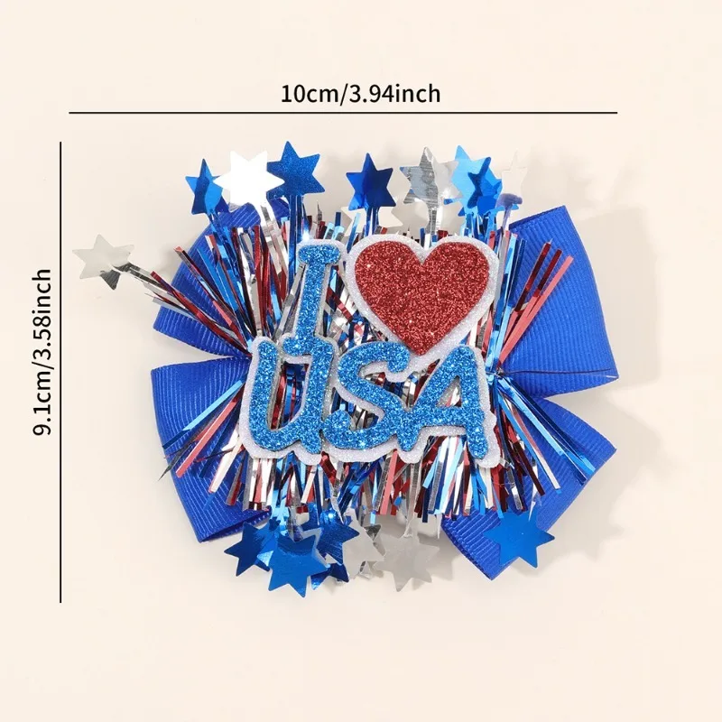4th of July Patriotic Hair Bows Kids USA Star Tinsel Hair Clips Girls Independence Day Party Parade Photo Hair Accessories