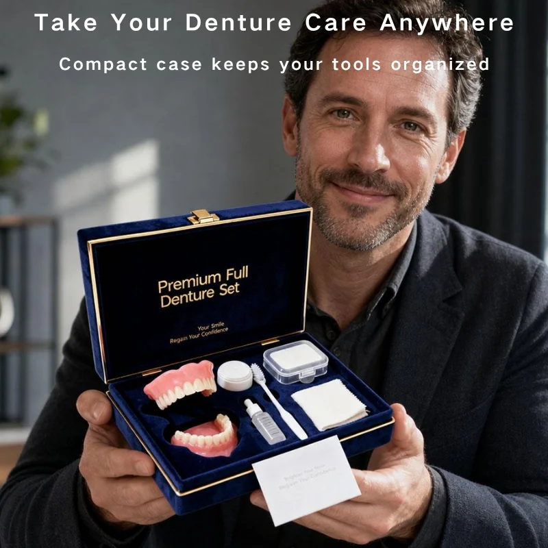 Complete Full Mouth Denture Set with Storage Case Realistic Full Upper and Lower False Teeth Denture Set Cleaning Accessory