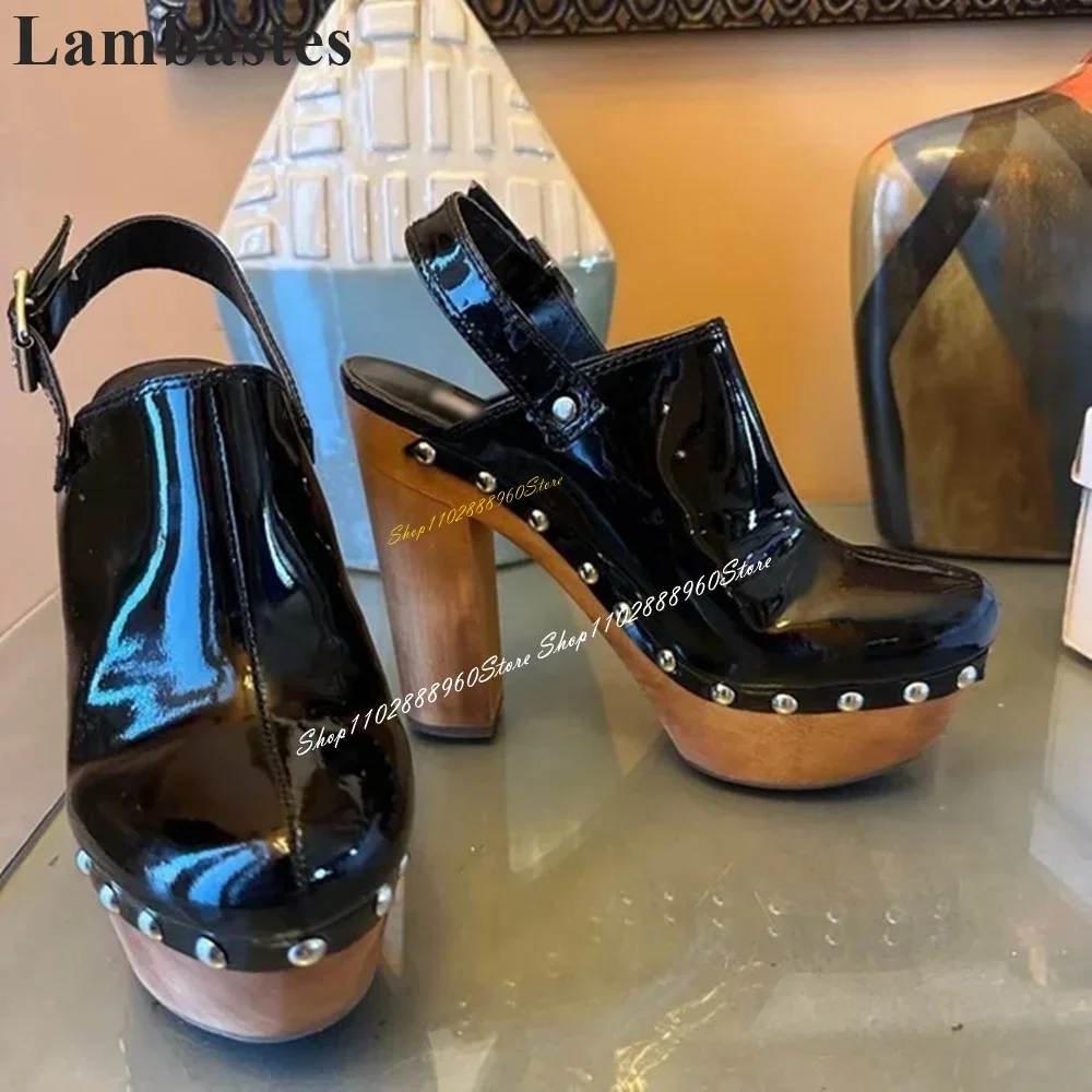 

Slingback Black Patent Leather Platform Sandals Chunky High Heel Women Shoes Back Strap Round Toe Occidental Style Women Sandals