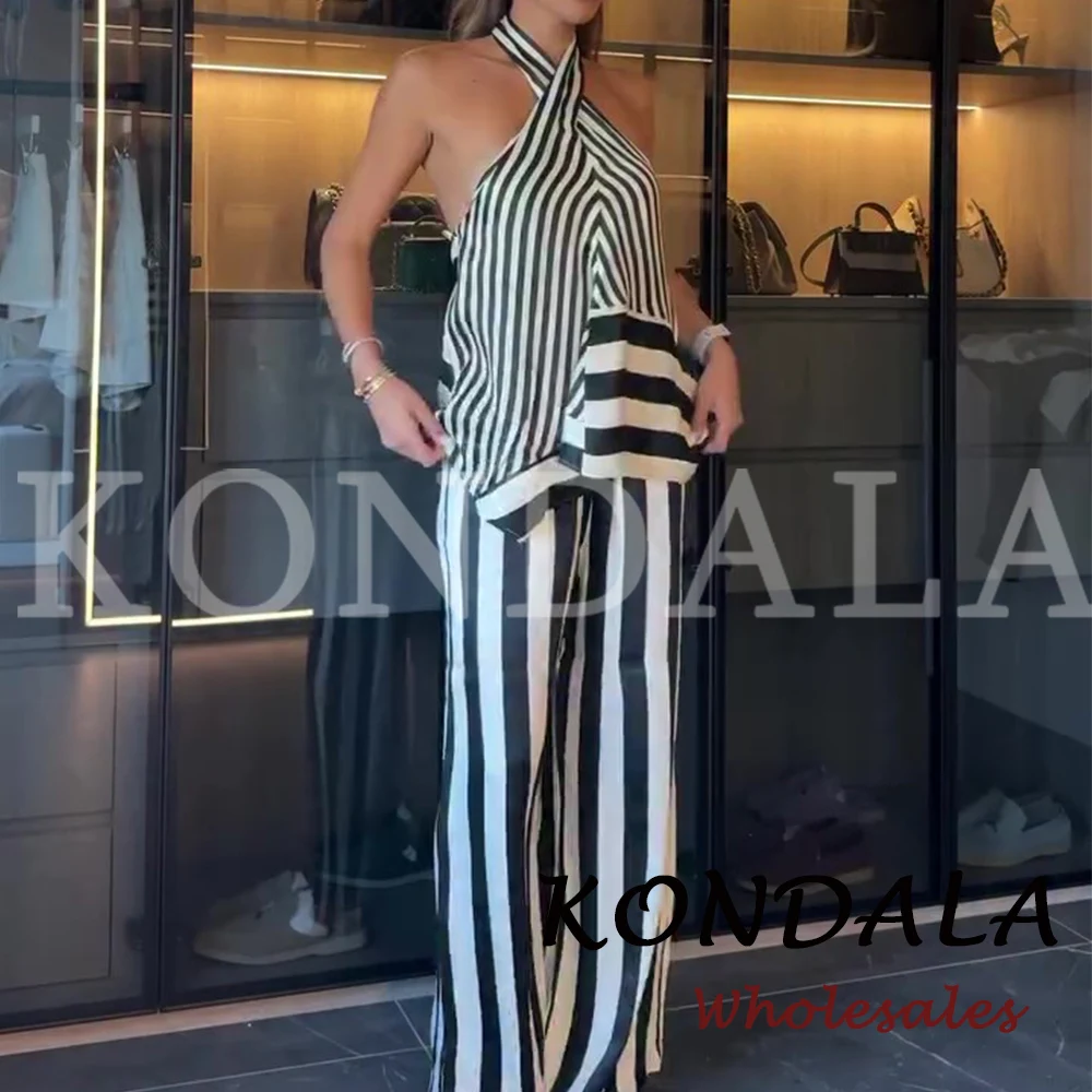 KONDALA Fashion 2026 Fall Striped Patchwork Women Blue Suit Neck-mounted Vest+ Modern Straight Pants Night Party Streetwear Set