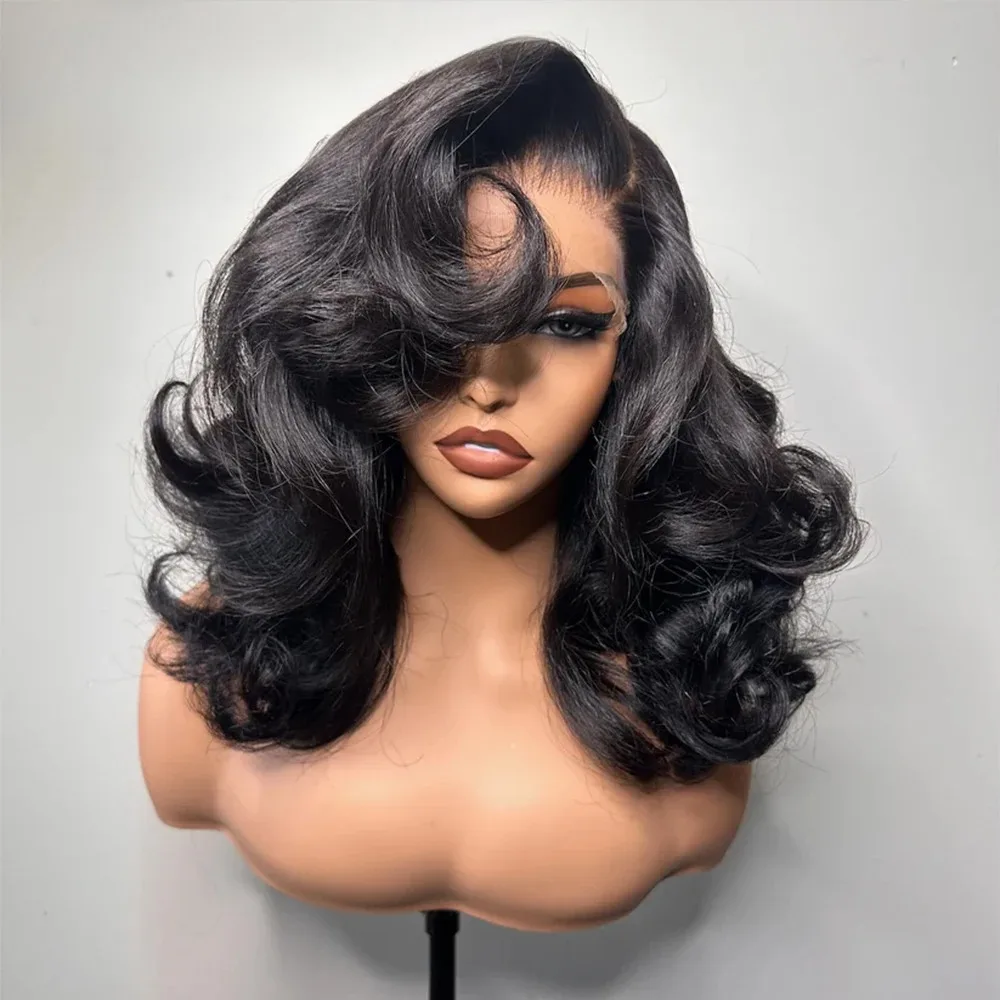 Short Bob Body Wave Lace Front Wig With Bangs 13x4 Layered Cut Lace Frontal Wig 180 Density Ready To Wear Synthetic High Quality