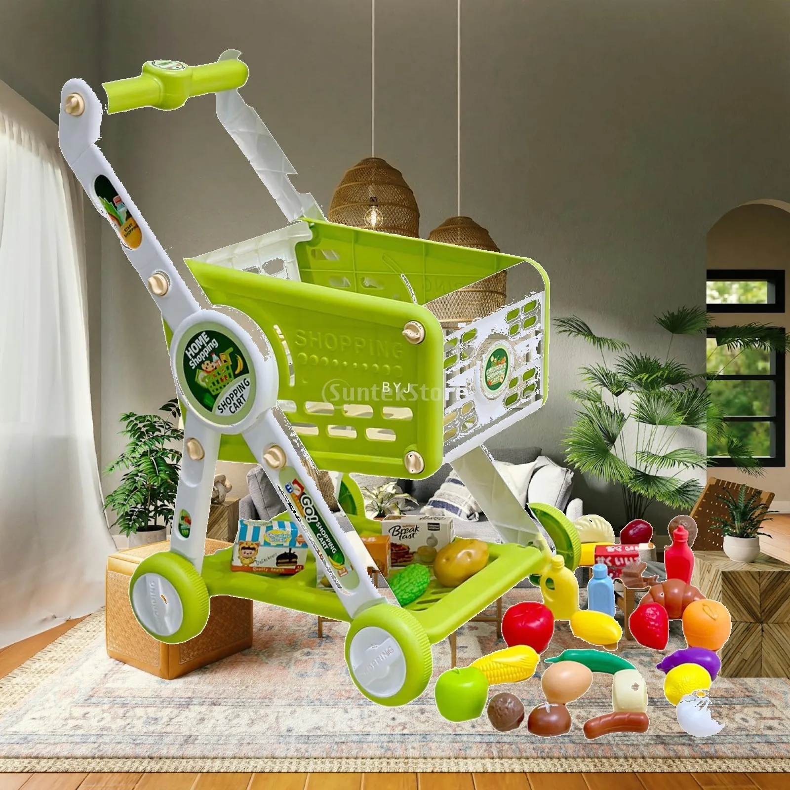 Kids Shopping Cart Trolley Set with 30 Fruit Handcart Toy for Girls and Boys